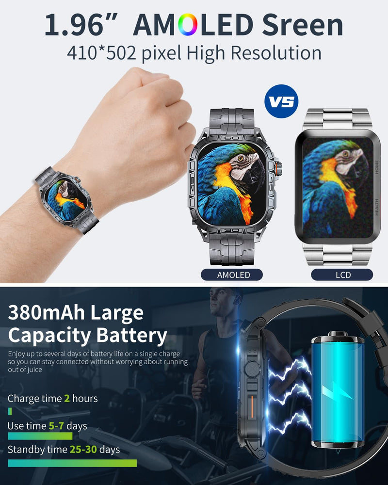 Military Smart Watch for Men with 1.96" AMOLED Screen, IP68 Waterproof Smartwatch with Bluetooth Call/Health Monitor/Sleep Monitor, 100+ Sports Moeds Fitness Tracker for iOS Android