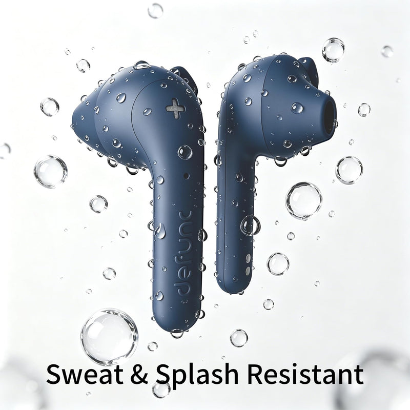 Defunc True Basic Wireless Earbuds, Bluetooth 6.0, Patented MultiTip Semi-in-Ear Design with Silicone Ear Wings, AI App Support, Quad Microphones, Waterproof, 22H Playtime, Secure Fit Earbuds Blue