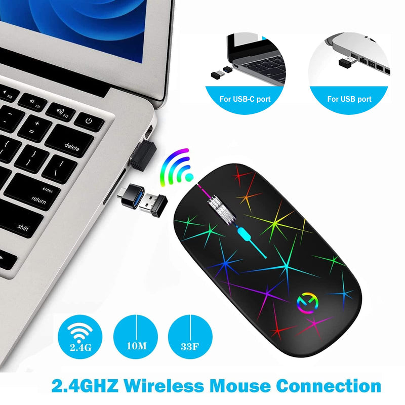 Wireless Mouse, 2.4G Portable Optical Quiet RGB Mouse with USB Receiver and Type C Adapter, 3 Adjustable DPI Levels, Wireless Computer Mouse for Laptop, Computer, PC, MacBook, Desktop Black