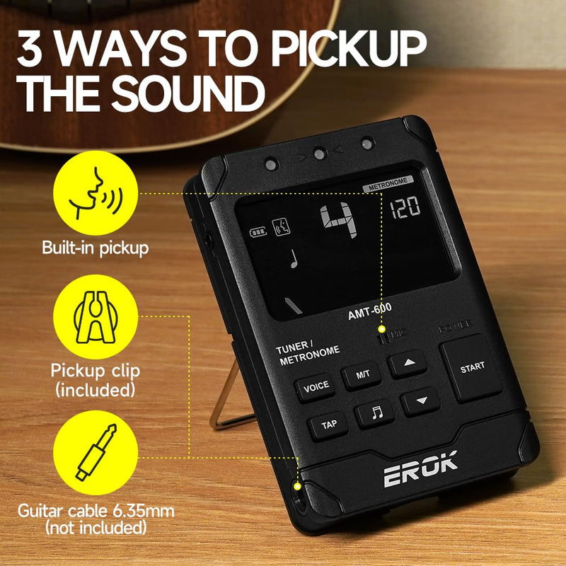 EROK Digital Metronome & Tuner - All-in-One Rechargeable Device with Stereo Headphone Output, Voice Counting, Ideal for Guitar, Bass, Violin & String Instruments(Black) Black