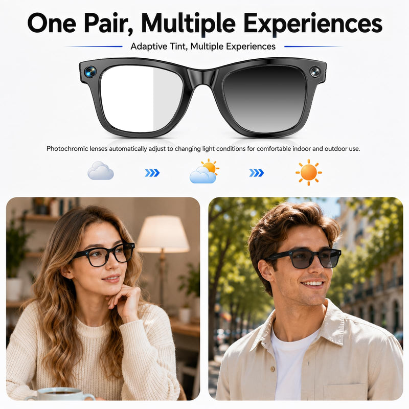AI Smart Glasses with Camera, 13MP HD Capture, 4K EIS Video, Photochromic | Object Recognition, Real-Time Translation, AI Assistant, Dual Open-Ear Speakers, Bluetooth, IP66 Water Resistance, Sunglasses Black Glasses Pouch Included