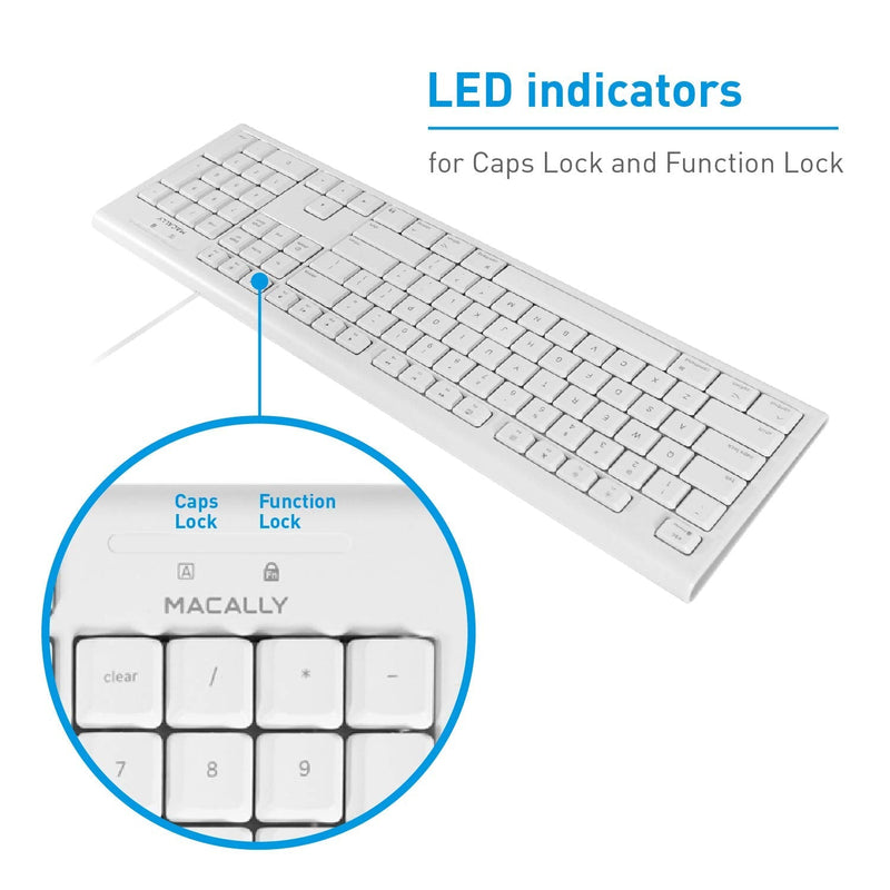Macally Full-Size USB Wired Keyboard for Mac Mini/Pro, iMac Desktop Computer, MacBook Pro/Air Desktop w/ 16 Compatible Apple Shortcuts, Extended with Number Keypad, Rubber Domed Keycaps - Spill Proof white