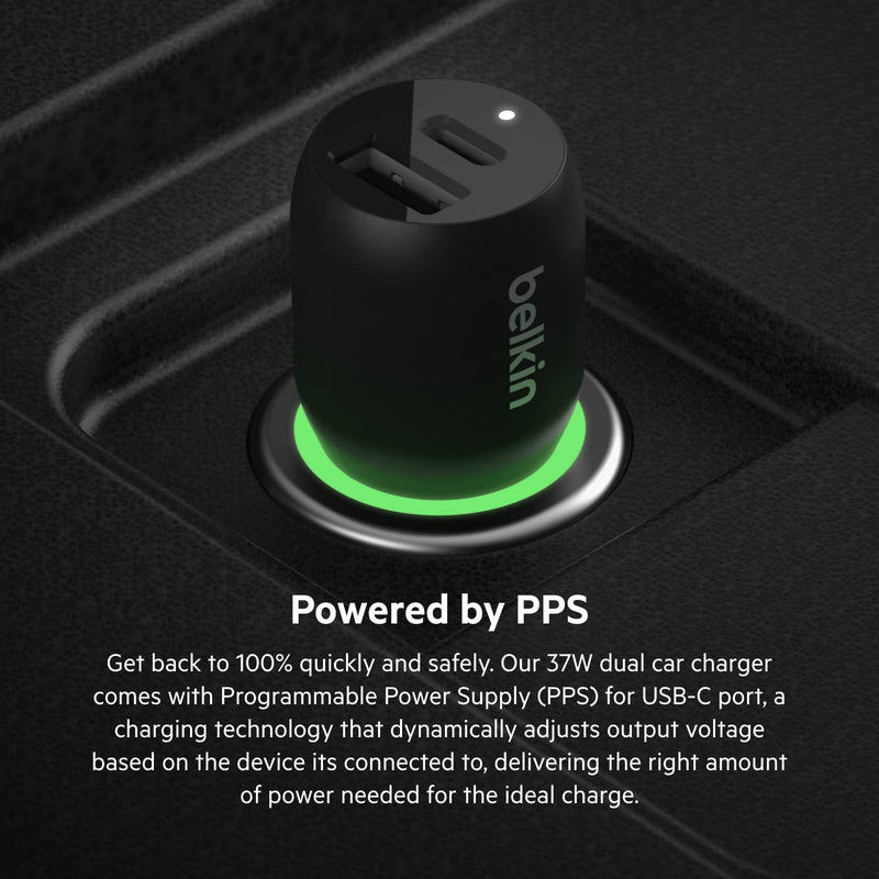 Belkin 37W Dual Port Fast Car Charger with 3.3ft USB-C Cable Included, USB-C 25W PPS Port and USB-A 12W Port for Galaxy S23, S23+, Ultra, Note20, iPhone 14, 13, 12, 11, Pro, Max, Mini and More | 25W USB-C PPS plus 12W USB-A, for Galaxy S23 series, Note...