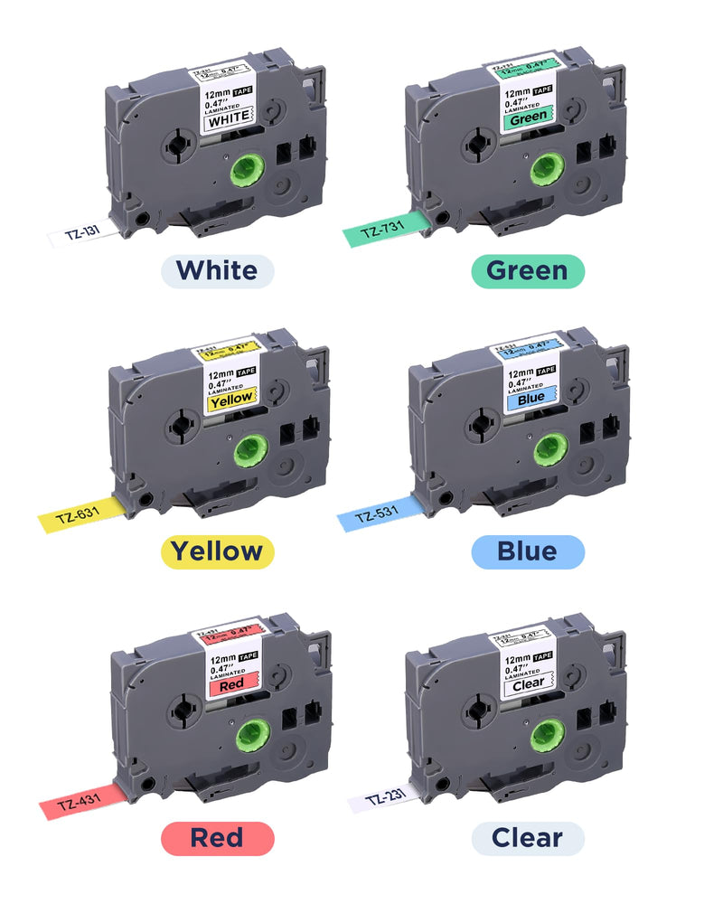 [AUSTRALIA] - 6-Pack Replacement for Brother P Touch Label Tape TZe-231 131 431 531 631 731 12mm 0.47 Laminated Label Maker Tape Multi-Color Work for PT-D210 H110 D220 D410 D600, Clear/White/Red/Blue/Yellow/Green 