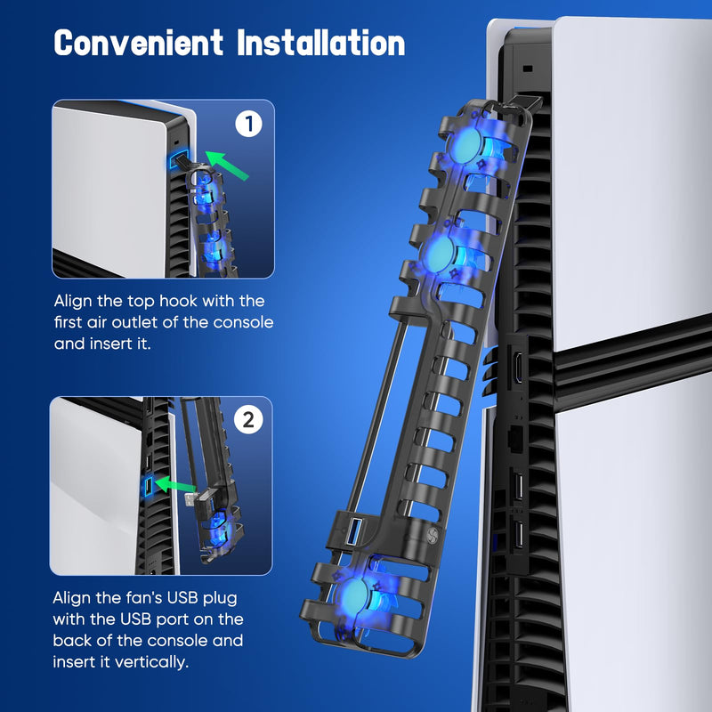 FASTSNAIL Cooling Fan wih LED Light for PS5 Slim/Pro Disc/Digital Console | Efficient Cooling & 3 Fan, Auto Power On/Off, Adjustable Speed, USB3.0 Port & LED Light, Quiet Cooler System for PS5 Slim/Pro Matte Black