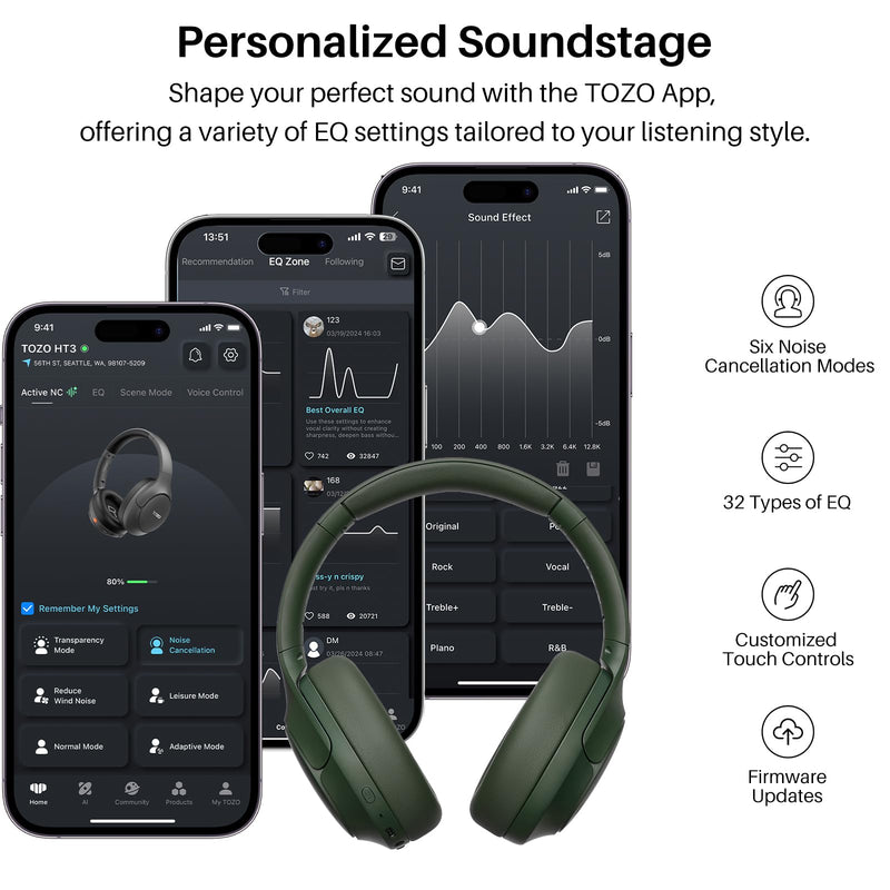 TOZO HT3 Hybrid Noise Cancelling Wireless Headphones, 90H Over Ear Headset | Hi Res Audio, AI Voice Assistant, Dual Device Connection, 32 Custom EQs, Built In 5 Mics, ANC, Foldable with Case Matte Green Headphones with Case