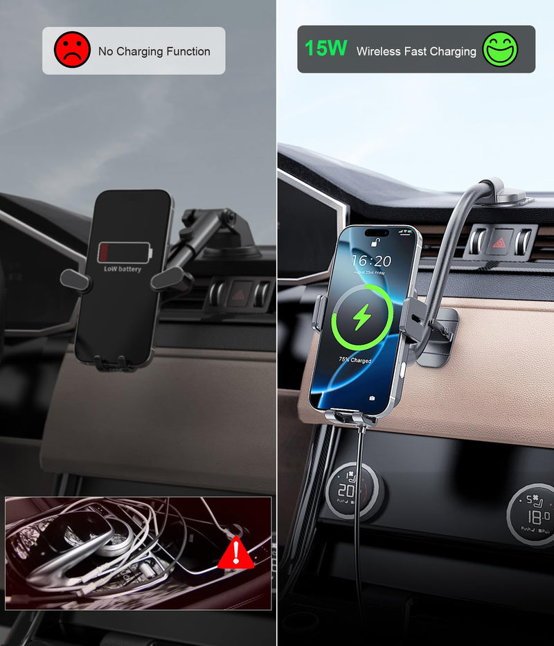 Wireless Car Charger Adjustable Gooseneck Dashboard Car Mount Fast Charging | [with Anti Shake stabilizer] Auto-Clamping Phone Holder fit for iPhone 17 16 15 14 13 12, Samsung S24 S23 S22, etc