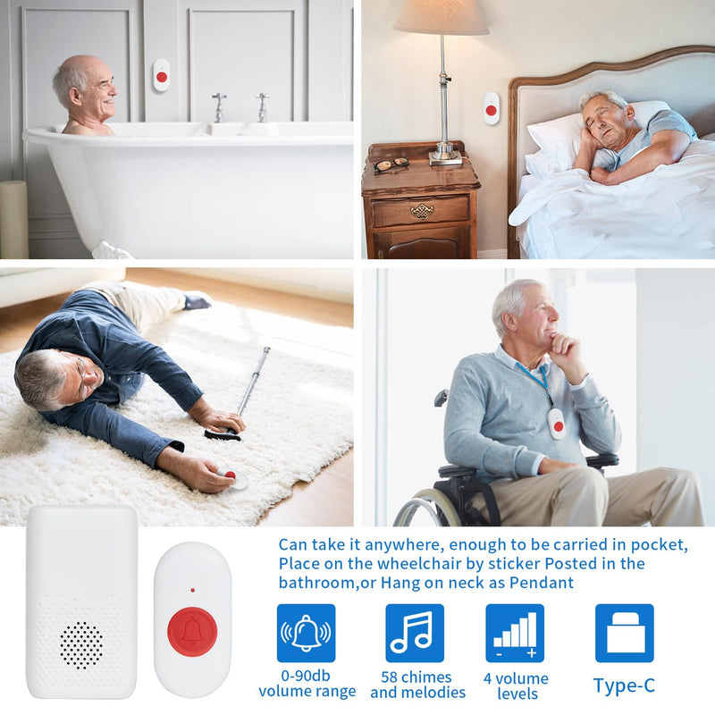 Wireless Caregiver Pager Nurse Alert System SOS Call Button Vibration Pager Nurse Calling Alert System with 58 Melodies 4 Adjust Volume Levels for Patients Seniors Elderly Monitoring at Home ] 1 Receiver 1 Call Button