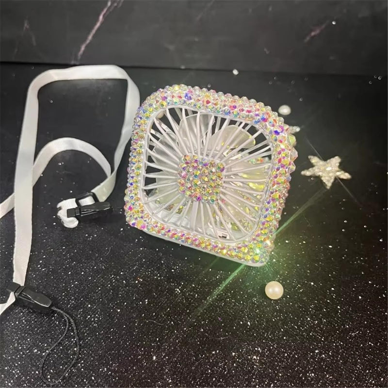 Customized Mixed Rhinestone Rechargeable Mini Handheld/Hanging Portable Usb Battery Operated 3000MA Power Bank Folding Personal Fan for Girls Camping Travelling Outside Indoor Office ab