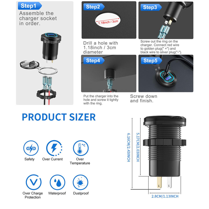 2 Pack 12 Volt USB Outlet PD 100W USB C and QC3.0 18W Port Aluminum Car Charger Socket for Laptops Tablets Phones, Cigarette Lighter Replacement Car Accessories DIY for RV Camper Truck Boat Golf