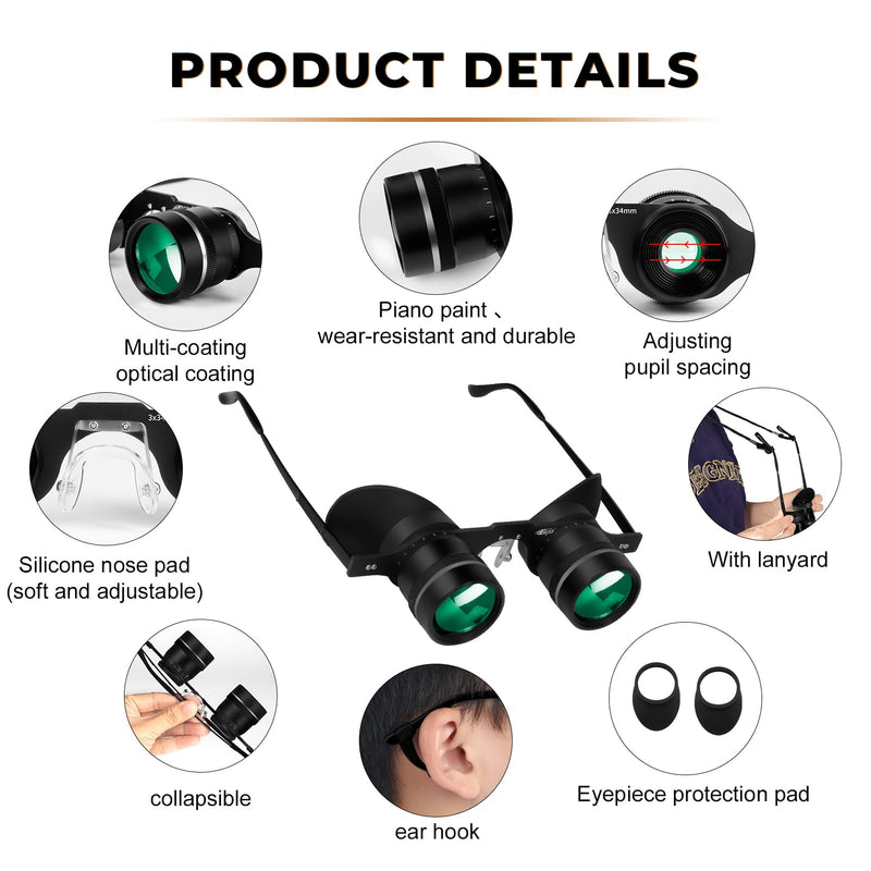 [AUSTRALIA] - BIJIA 3X Opera Binocular Glasses,Hands-Free Lazy Glasses Binoculars Lightweight for Fishing,Bird Watching,Tv,Sports,Concerts,Theater,and Sightseeing,for Adults Men Women(Upgraded HD Green Film) 