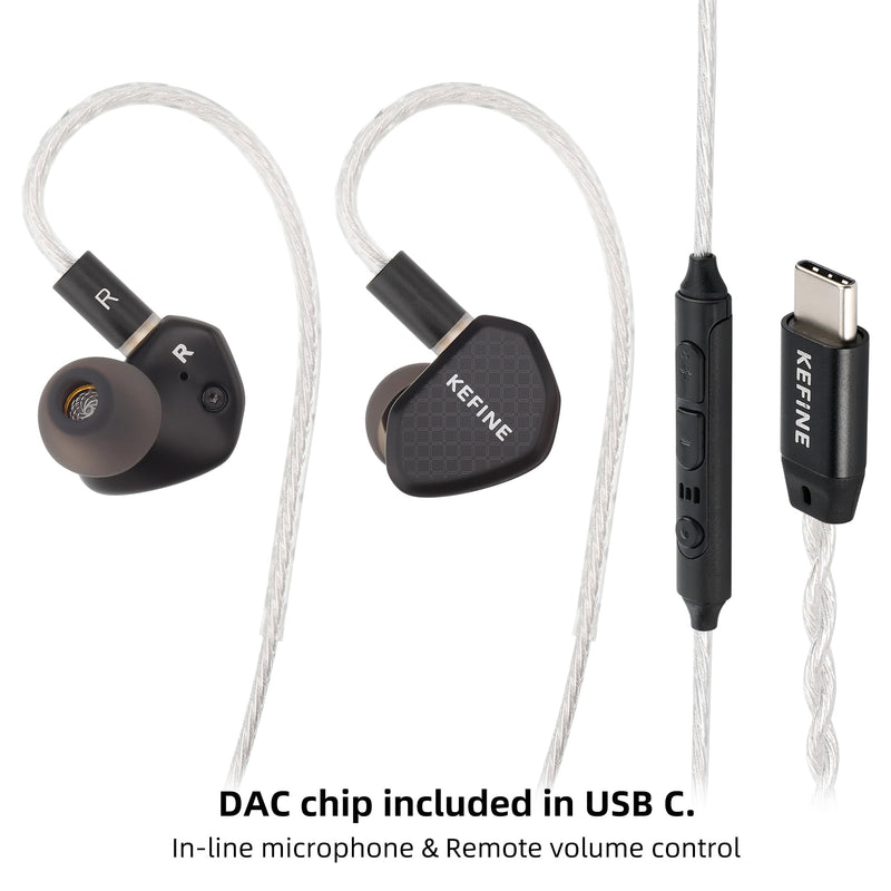 Kefine Klean 10mm DLC Diaphgram Dynamic Driver Earphones, 1DD in-Ear Monitor Headphones, HiFi Wired IEM Earbuds with Dual Interchangeable Nozzles Detachable 0.78 2Pin Design (Type-C, Mic) Type-C with Microphone