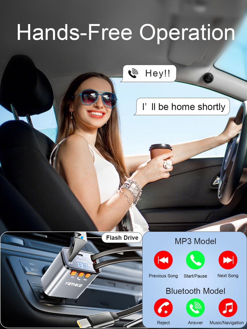 [AUSTRALIA] - Bluetooth Car Adapter with Retractable Charger,[Upgrade] Bluetooth 5.4 FM Transmitter for Cars, 4 in 1 Fast Car Charger 69W, Handsfree Call, 2*Retractable Cable for iPhone 17/16/15/14, Galaxy-Silver Silver 