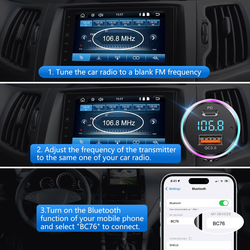 Bluetooth Transmitter for Car, LENCENT Full Metal Bluetooth 5.3 Car Adapter Dual USB Fast Charging 48W(PD 30W & QC3.0 18W), Wireless FM Radio Transmitter with Hi-Fi Music, Hands-Free Calling