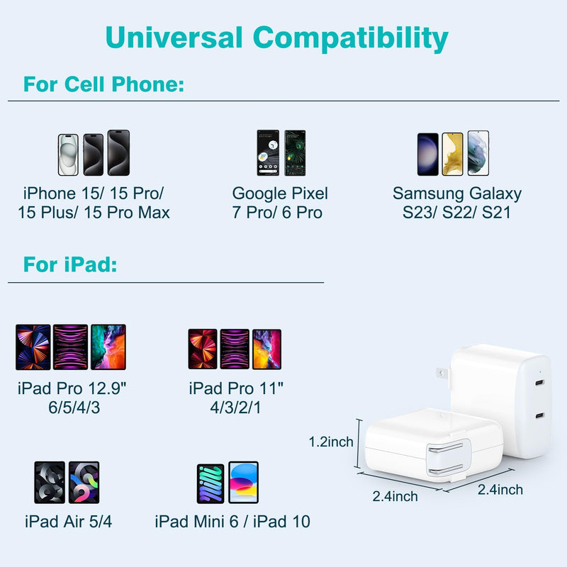 40W Dual USB C Charger for iPad Pro 13, 12.9, 11 inch 2024 2023 2022 2021 2020 2019, iPad Air 5 4, Mini 6, iPad 10, iPhone 15/15 Pro Max, 2 x 20W Type C Wall Charger, 6.6ft USB-C Cable