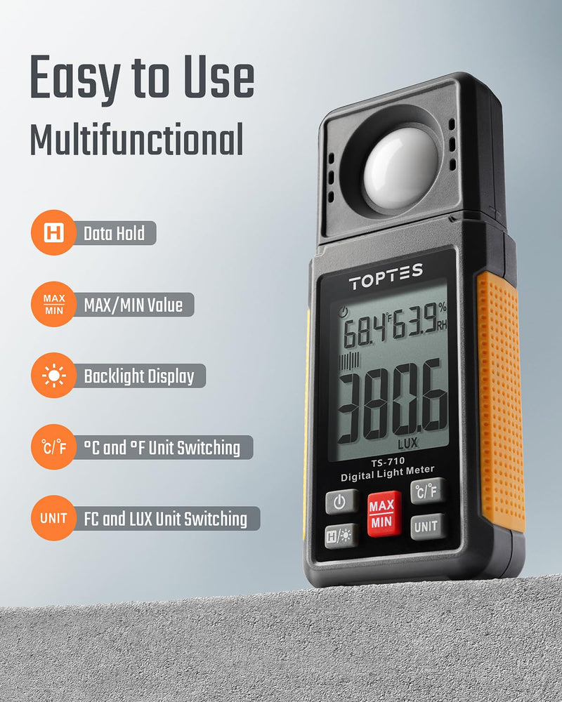 [AUSTRALIA] - TS-710 Light Meter, Lux/Foot Candles Meter with 180º Rotating Sensor, 0.1~200,000 Lux Range, Large Backlit Display, Light Meter for Plants, Car Headlights, Home & Office LEDs (Includes Battery) 
