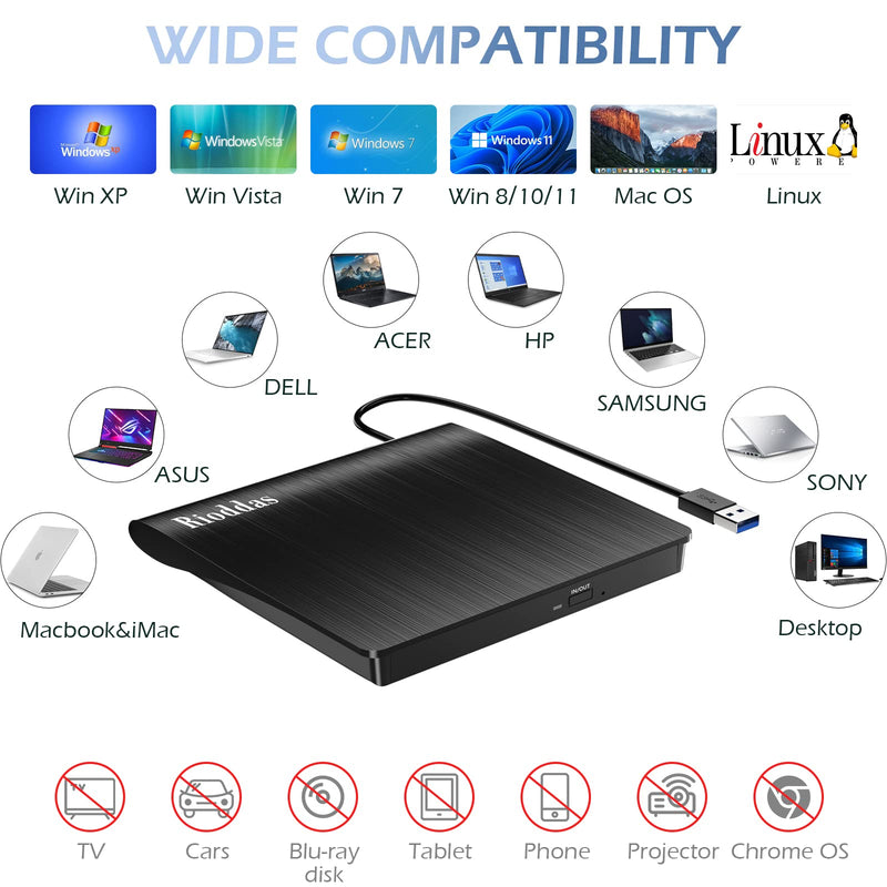 [AUSTRALIA] - Rioddas External CD/DVD Drive for Laptop, USB 3.0 CD DVD Player Portable +/-RW Burner CD ROM Reader Writer Disk Duplicator Compatible with Laptop Desktop PC Windows Apple Mac Pro MacBook Linux USB 3.0 USB-A 