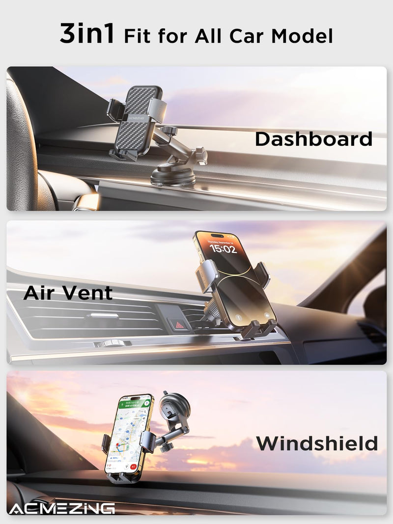 3-in-1 Phone Holders for Your Car 【Extreme Terrain Stability】 Dashboard Windshield Air Vent 【Double Metal Hook】 Cell Phone Car Phone Holder Mount for iPhone Samsung All Smartphones 3 in 1 Universal