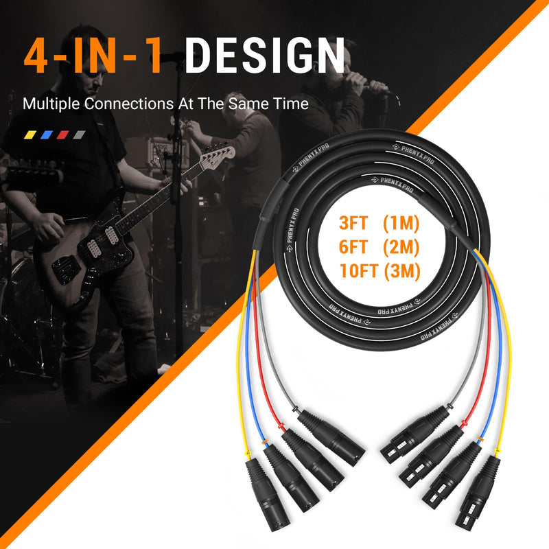 Phenyx Pro 4-Channel XLR Snake Cable, Color-Coded Male to Female Patch Wire w/OFC Copper, 6 Ft XLR Splitter Cable, Balanced Microphone Cable for DJ Mixers, IEM & Mic Systems (PCBL-4IN1-6) 6 Feet