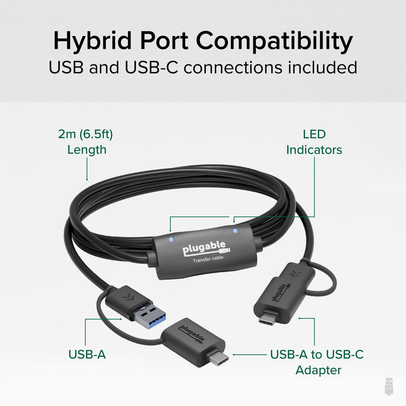 Plugable USB Data Transfer Cable PC to PC, Compatible with Windows USB C and USB 3.0, Transfer Files to New Computer with Included Bravura Easy Computer Sync Software, 6.6ft (USBC-TRAN) USB-C and USB 3.0