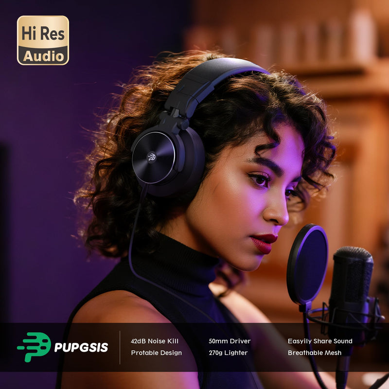 PUPGSIS Wired Over Ear Headphones: Studio Monitor Headphones - Professional 40kHz Hi-Res DJ Stereo Headphones - 1/4 to 3.5mm Audio Jack for Recording/Mixing/Podcast/Guitar/Piano Black