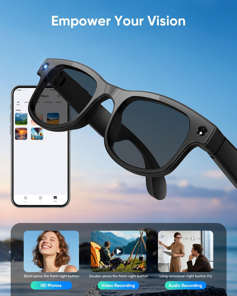 CJkao Smart Glasses with Camera, AI Camera Glasses, Video Recording, Voice Assistant Control Bluetooth Music for Men Women Teenager