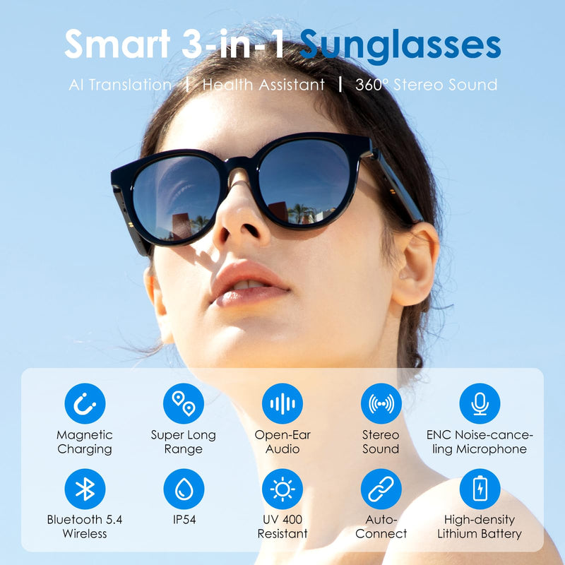 GetD Smart Sunglasses, Round Polarized Lens Bluetooth Glasses for Women and Men with Speaker, Music Glasses AI Translator, 11H Battery Life, Voice Control, Smart Eyewear for Travel Driving Meeting
