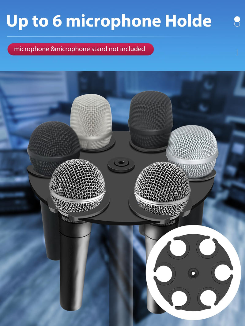 Multi-Mic Holder Up to 6 Mics (Aluminum/Rubber Padding) for Handheld Dynamic, Wired & Wireless Mics, Mic Stand Organizer, Mounts to 5/8"-27 or 3/8"-16 Threaded Stands
