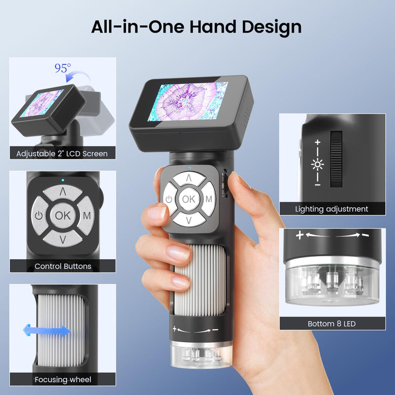 [AUSTRALIA] - LM112 Microscope for Kids Adults Handheld with 2" Screen, 500X Portable Microscope Kit with Case, USB Magnifier with 8 LED Light, 5pcs Biological Slides, 32G 