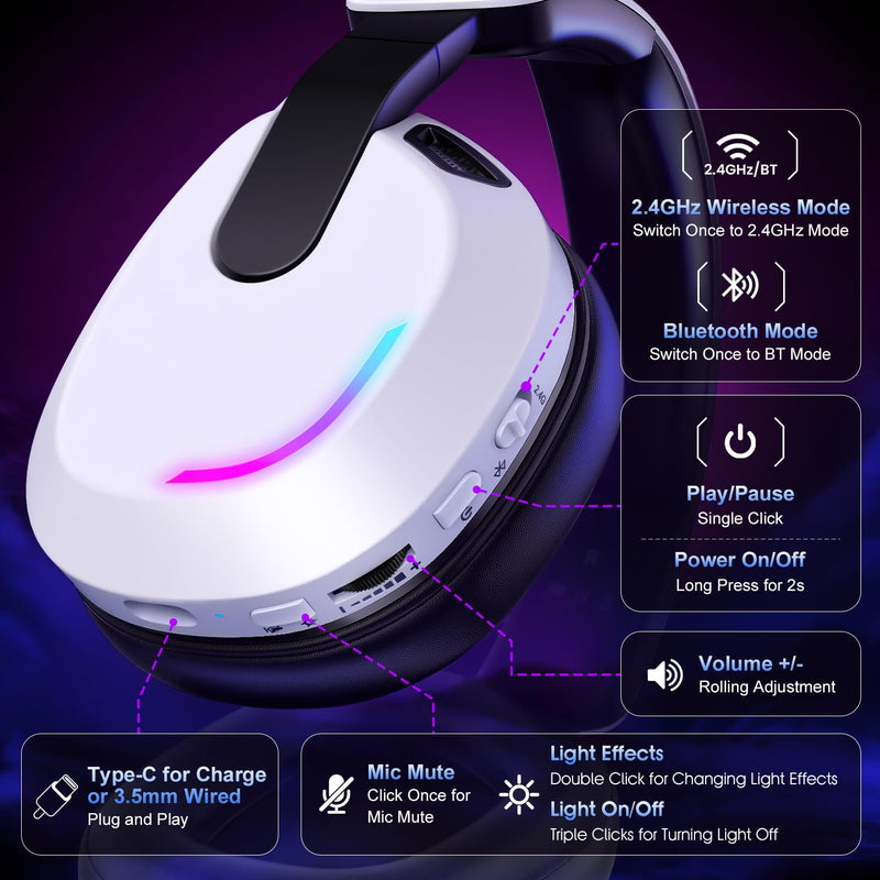 BENGOO 60H Wireless Gaming Headset with RGB Lights for PS5 PS4 PC | 7.1 Surround Sound, Noise Cancelling Mic, Bluetooth 5.4, Memory Foam Ear Cushions, Compatible with Switch Mac White