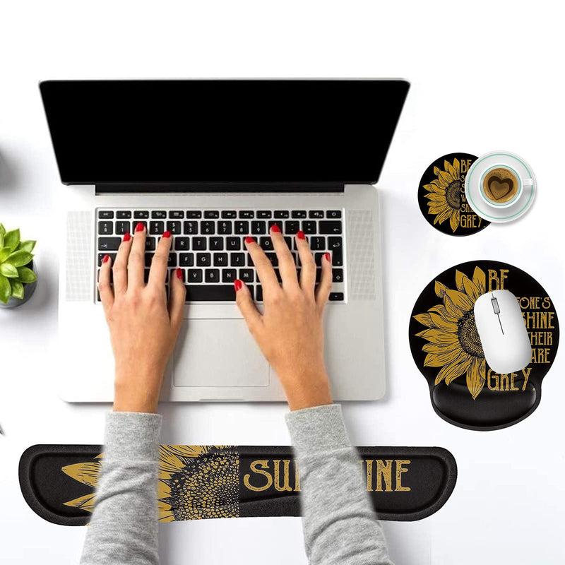 Keyboard Wrist Rest and Mouse Pad Wrist Support Set with Coffee Coaster, Non-Slip PU Base for Gaming and Office, Comfortable & Lightweight for Easy Typing & Pain Relief,Sunflower Sunflower