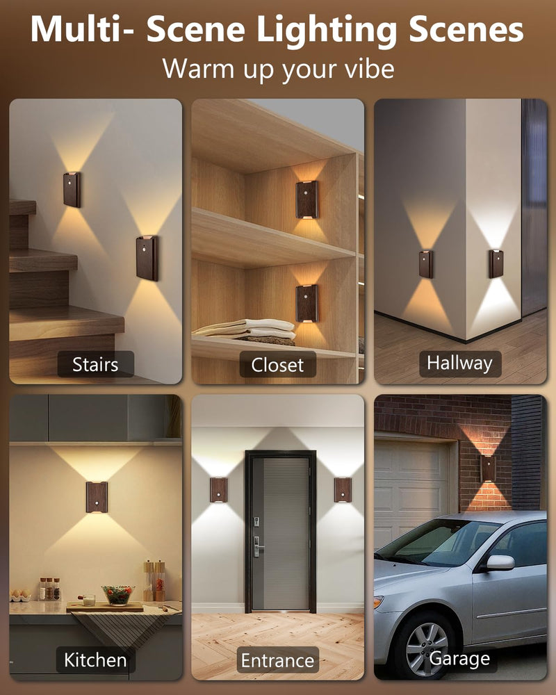 [AUSTRALIA] - Rechargeable Motion Sensor Wall Sconce Set of 2 – 5000mAh Wireless Battery Operated Wall Light Indoor, 3 Colors Up/Down Lighting Magnetic Night Light with Remote Control for Bedroom, Hallway (Walnut) Walnut 2 Pack 