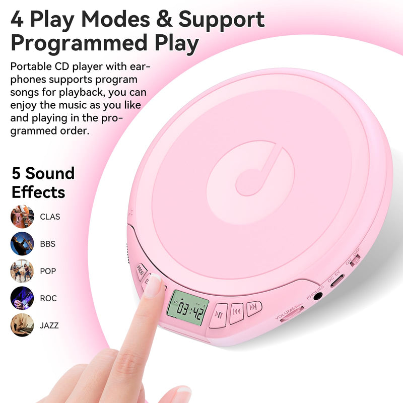 [AUSTRALIA] - Portable CD Player for Car: Kegaudio with Earphones Anti-Skip LCD Display Personal Disman Disc Player for Car & Sports Supports MP3 WMA PROG & Memory Function Pink 