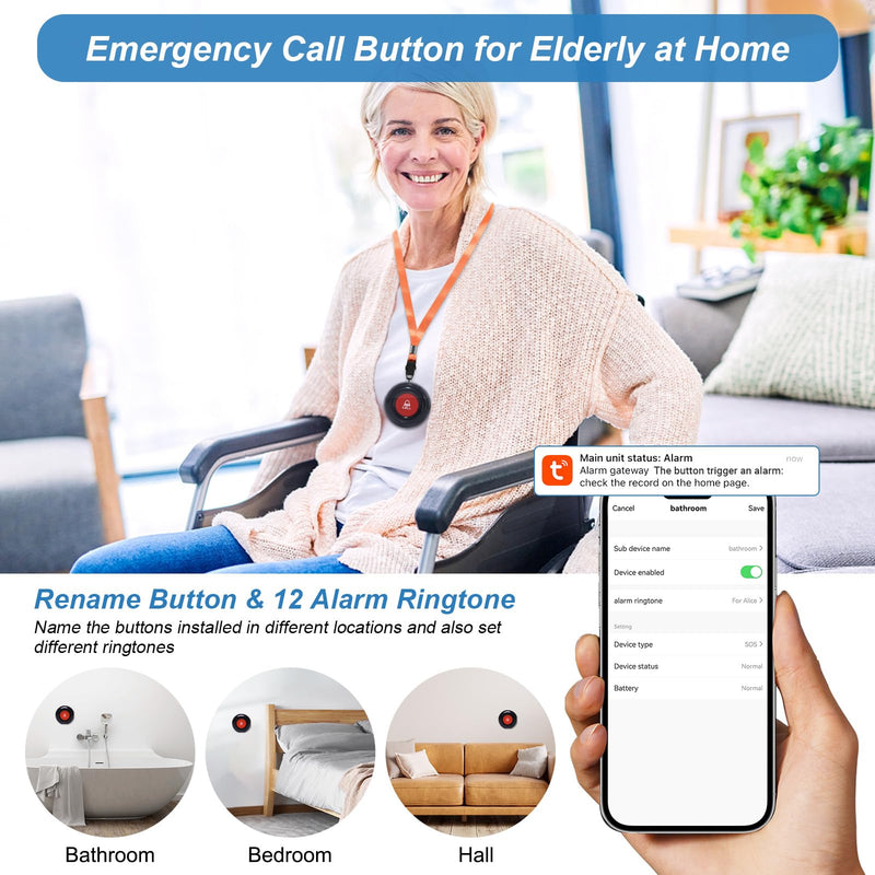 WiFi Smart Wireless Caregiver Pager Call Button Emergency Alert System Life Alert Button for Elderly Patient Seniors Disabled 1 SOS Panic Button 1 Receiver(Only Supports 2.4GHz & No Monthly Fee) 1 Button & 1 Receiver