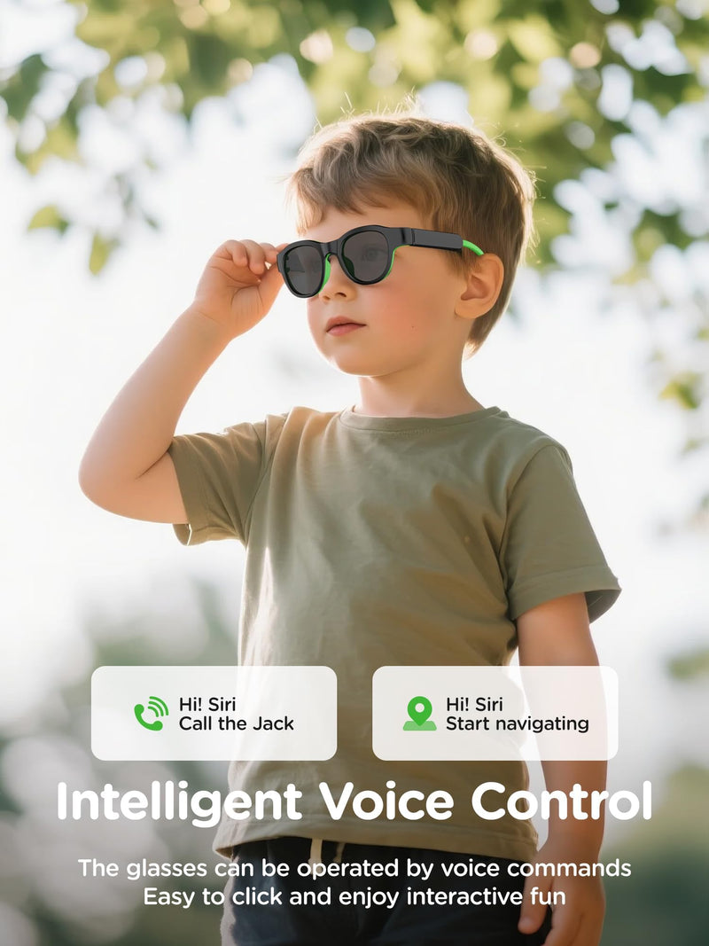 Smart Glasses for Kids, Polarized Sunglasses with Bluetooth Speaker, Athletic/Outdoor UV Protection and Voice Control, Kids Ages 6-12 (Grey Lens) Black