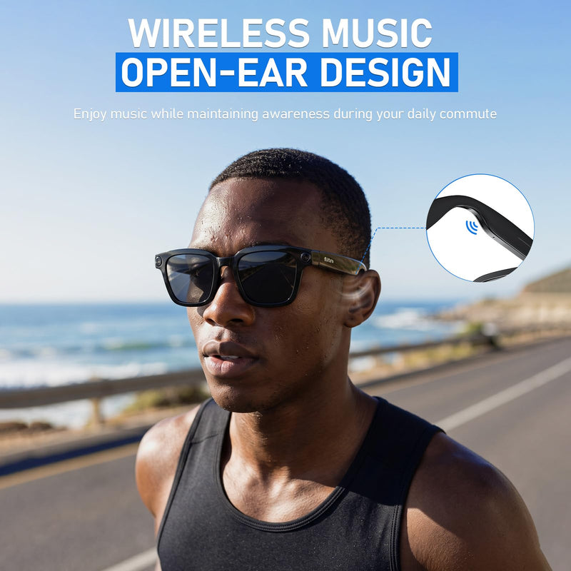 AI Smart Glasses, Video Recording, Real-Time Voice Translator, Open-Ear Audio, Bluetooth & Voice Assistant, Wearable Camera Sunglasses Black Sunglasses