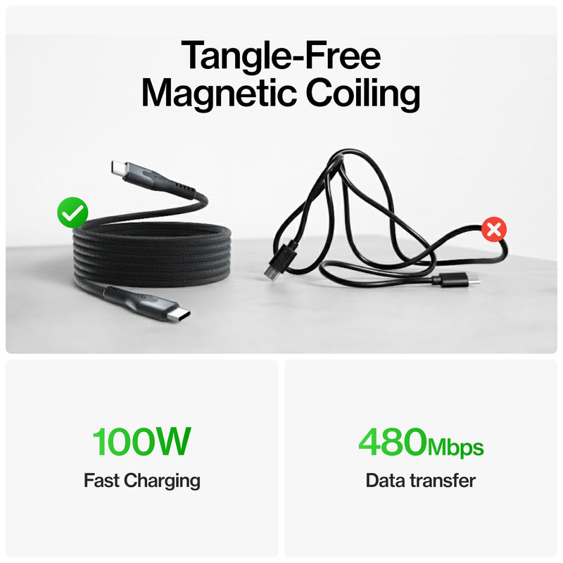 Statik MagStack Pro USB C to USB C Coiling Magnetic Charging Cable,100W | Nylon Braided Tangle-Free Design, Magnetic Coiling, Data Transfer, Compatible with iPhone & Android, 3FT Black, 3 Pack 3ft (3 Pack) USB-C to USB-C