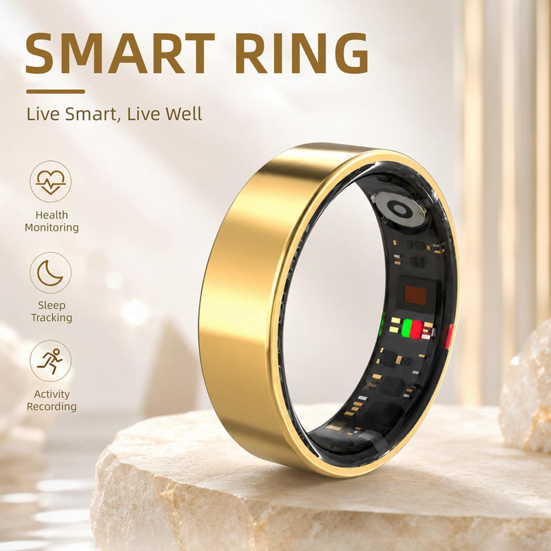Smart Ring Health Ring Fitness Tracker with 24/7 Sleep Tracking Activity Tracker Step Counter Calorie Fitness Ring for Women & Men iOS & Android (Gold, 8) Gold