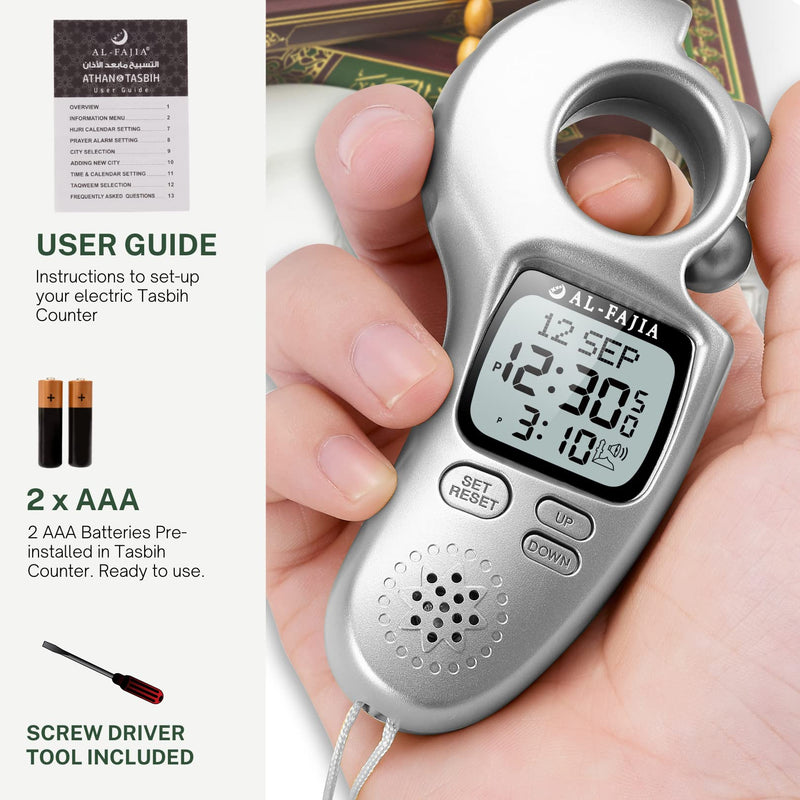 Islamic Prayer Time and Athan Sound Reminder Digital Tasbih Counter, Full Azan Clock for USA and Worldwide, Portable Silver