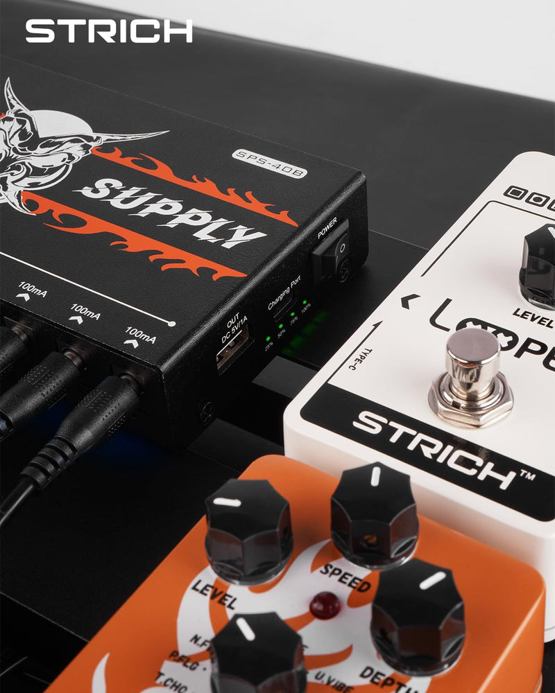STRICH SPS-40B Pedal Power Supply with Built-in 10000mAh 10 Outputs DC 9V (2x300mA, 8x100mA) Jacks for Guitar Bass Pedals, Rechargeable Battery Guitar Effect Pedal Power, 5V/1A USB Port, Noiselessly