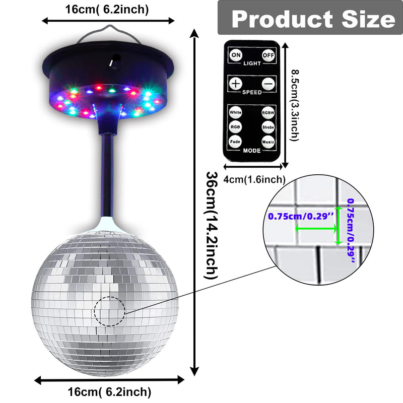 Remote RGBW Rotating Mirror Ball Light,5-10RPM Adjustable Speed Light Up Spinner 23 LED Disco Motor with 6" Mirror Ball for Birthday Party Decor