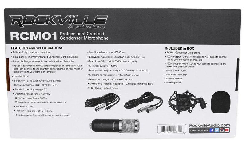 Rockville RCM01 Pro Studio Condenser Microphone, 200 Ohm, Cardioid Pattern, Metal Shock Mount, 30Hz-20kHz Frequency, XLR and 3.5mm Cables, for Vocals and Podcasting