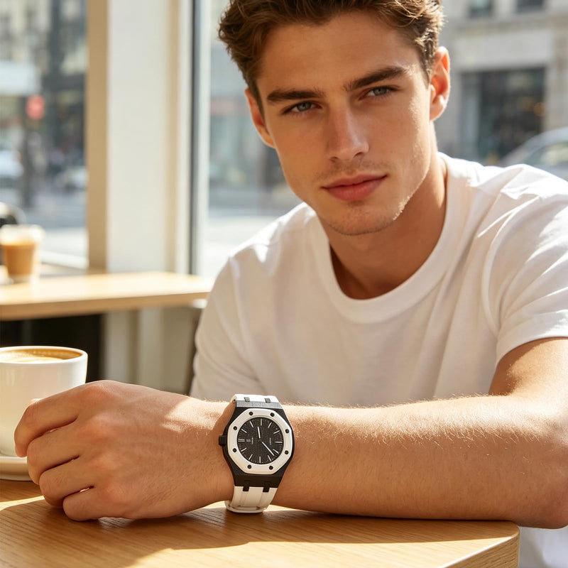 Luxury Aluminum Case Band Mod Kit Compatible with AP Swatch Royal Pop for Men Women, Lightweight Shockproof Aluminum Bumper Case with Sport Silicone Replacement Strap Black White(At 3 o'clock)