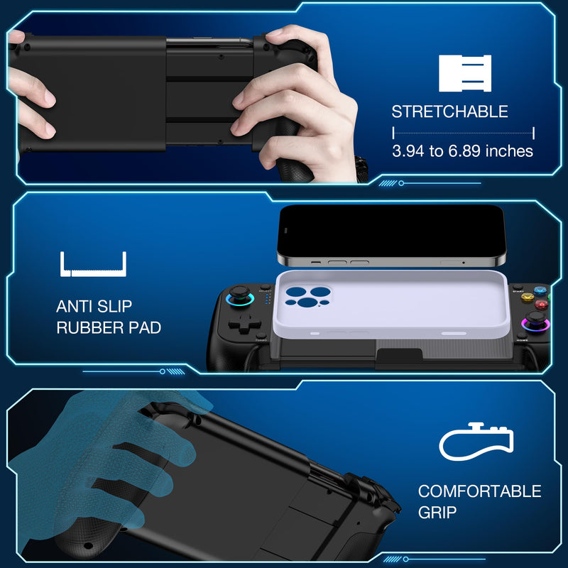 Mobile Game Controller for iPhone and Android with RGB Light, Wireless Phone Controller with Phone Case Support Turn Your iPhone into a Gaming Console Play PS Remote Play, Xbox Cloud and More Use as Mobile Game Controller