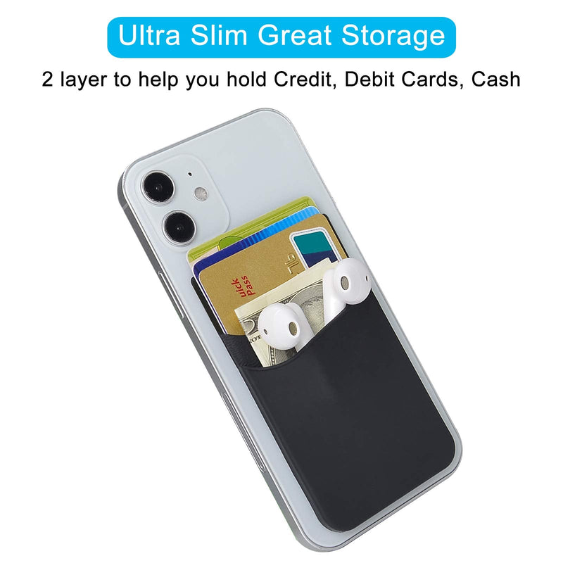SS Card Holder for Back of Phone, Phone Wallet Stick-on Credit Card Sleeve Pocket Silicone Cell Phone Pouch Compatible for iPhone,Samsung Galaxy and Most SamrtPhones 4 Pack Black+White+Gray+Pink