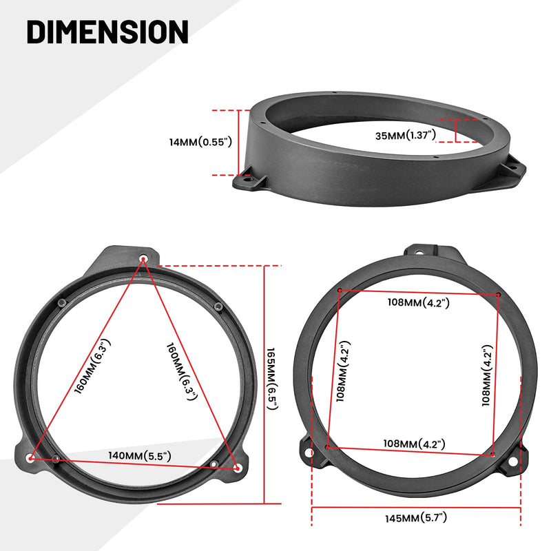 RED WOLF Front Door Speaker Adapter 6.5 Inch for Select 2008-2020 Subaru Forester Impreza Outback WRX/STI Install 6-1/2" Aftermarket Audio Speaker Spacer Ring Bracket 2 PCS