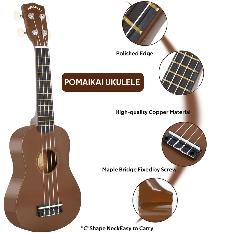 POMAIKAI Soprano Wood Ukulele Starter Uke Hawaii Guitar 21 Inch with Gig Bag for Students and Beginners (Brown) brown