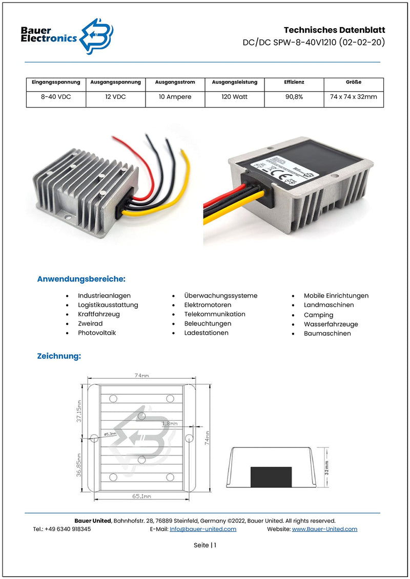 Bauer Electronics DC-DC 8V-40V to 12V Voltage Converter 10A 120W Voltage Regulator 18-V 12-V 12-V Converter Voltage Stabiliser Voltage Limiter 24-V Step-Down Step-up Buck Boost Volt Input: 8-40V Output: 12V | 120W | 10A