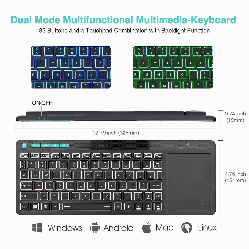 (Dual Mode) Rii RT518S Wireless and Bluetooth 2-LED Color Backlit Multimedia Keyboard with Multi-Touch Big Size Trackpad,Rechargable Keyboard for Android TV Box,PC,Tablets,Smart TV, HTPC, IPTV,Windows 2.4GHz+Bluetooth