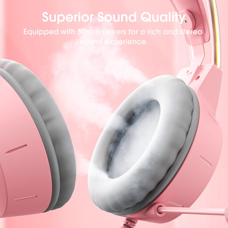 [AUSTRALIA] - Lightweight Gaming Headset with Detachable Deer Ears, RGB Lighting, Wired Over Ear Headphones with Mic for PC, PS4, PS5, Xbox, Switch, Stereo Surround Sound, Self-Adjusting Headband Pink Deer Ear 